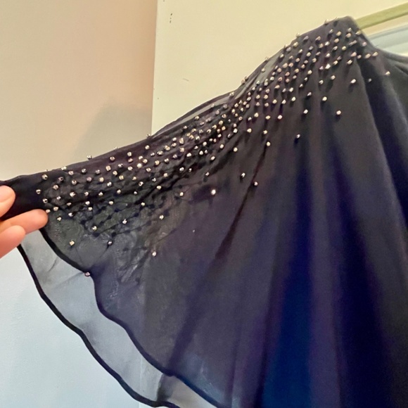 Cocktail Dress by Xscape, Sz 12P, Navy with rhinestones, and cold-shoulder, NWT - Picture 3 of 10